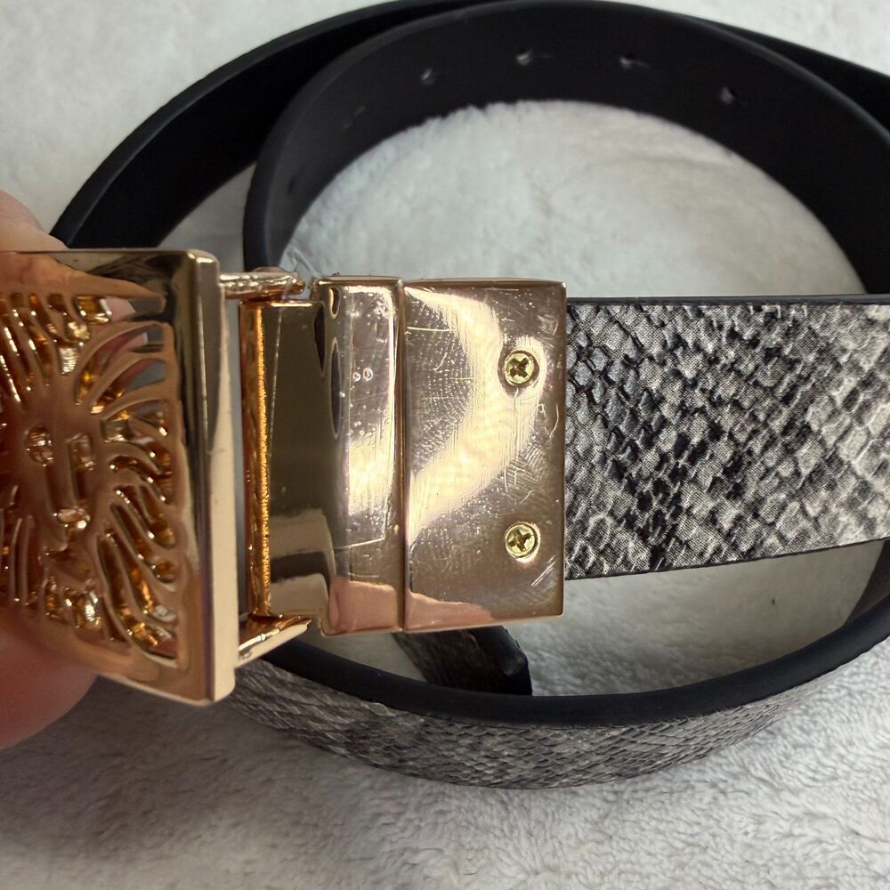 Vintage Anne Klein‎ Gold Lion Head Logo Buckle Reversible Snake Skin Belt 29-35" - Picture 6 of 12